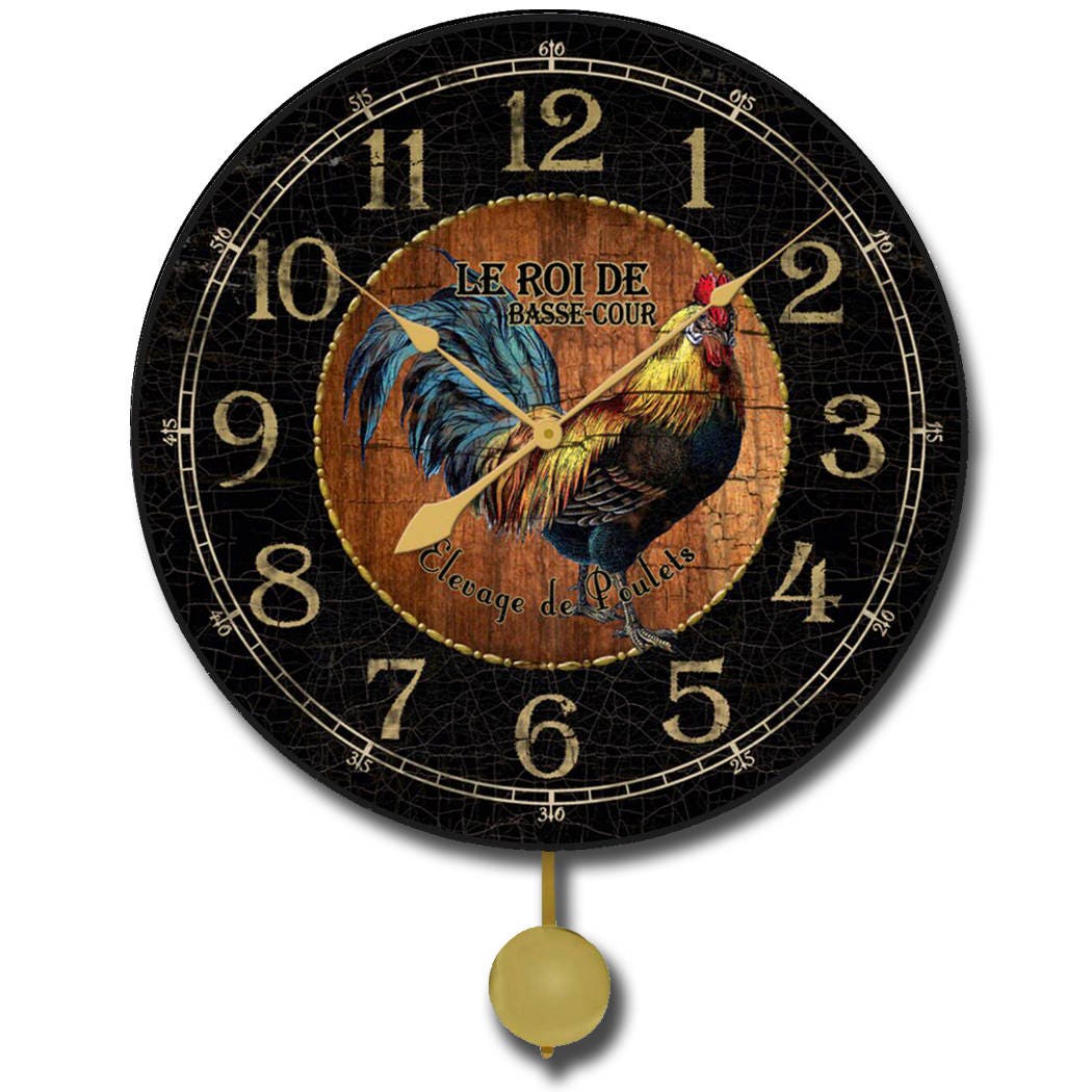 Black & Wood Rooster Pendulum Wall Clock - CustomBigClocks