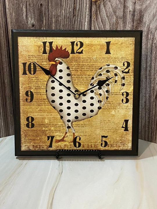 Polka Dot Rooster Square Wall Clock - CustomBigClocks