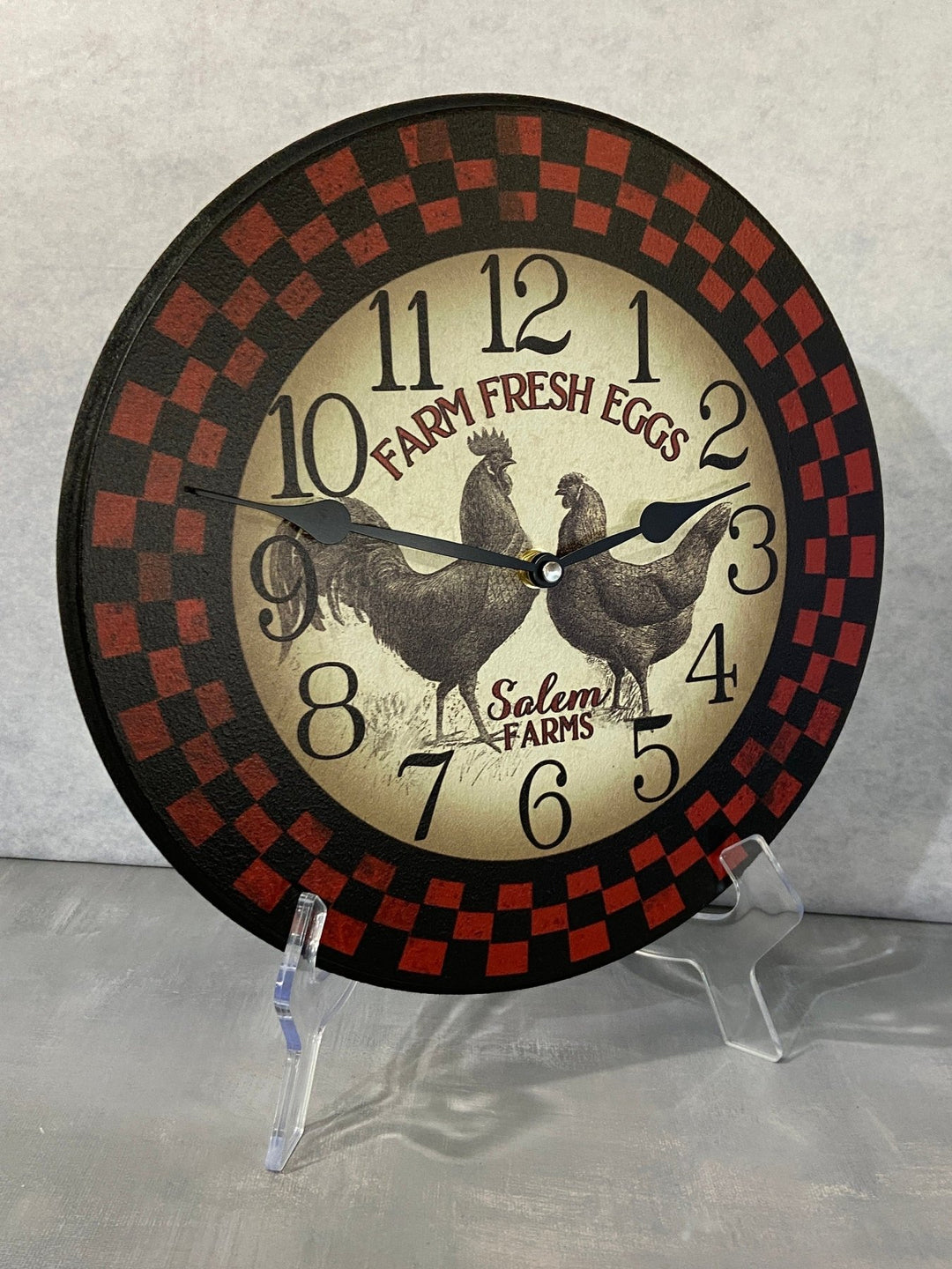 Personalized Red &amp; Black Rooster Farm Wall Clock - CustomBigClocks