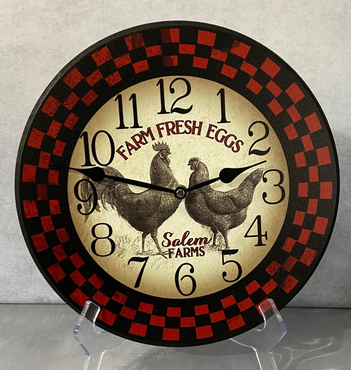 Personalized Red & Black Rooster Farm Wall Clock - CustomBigClocks