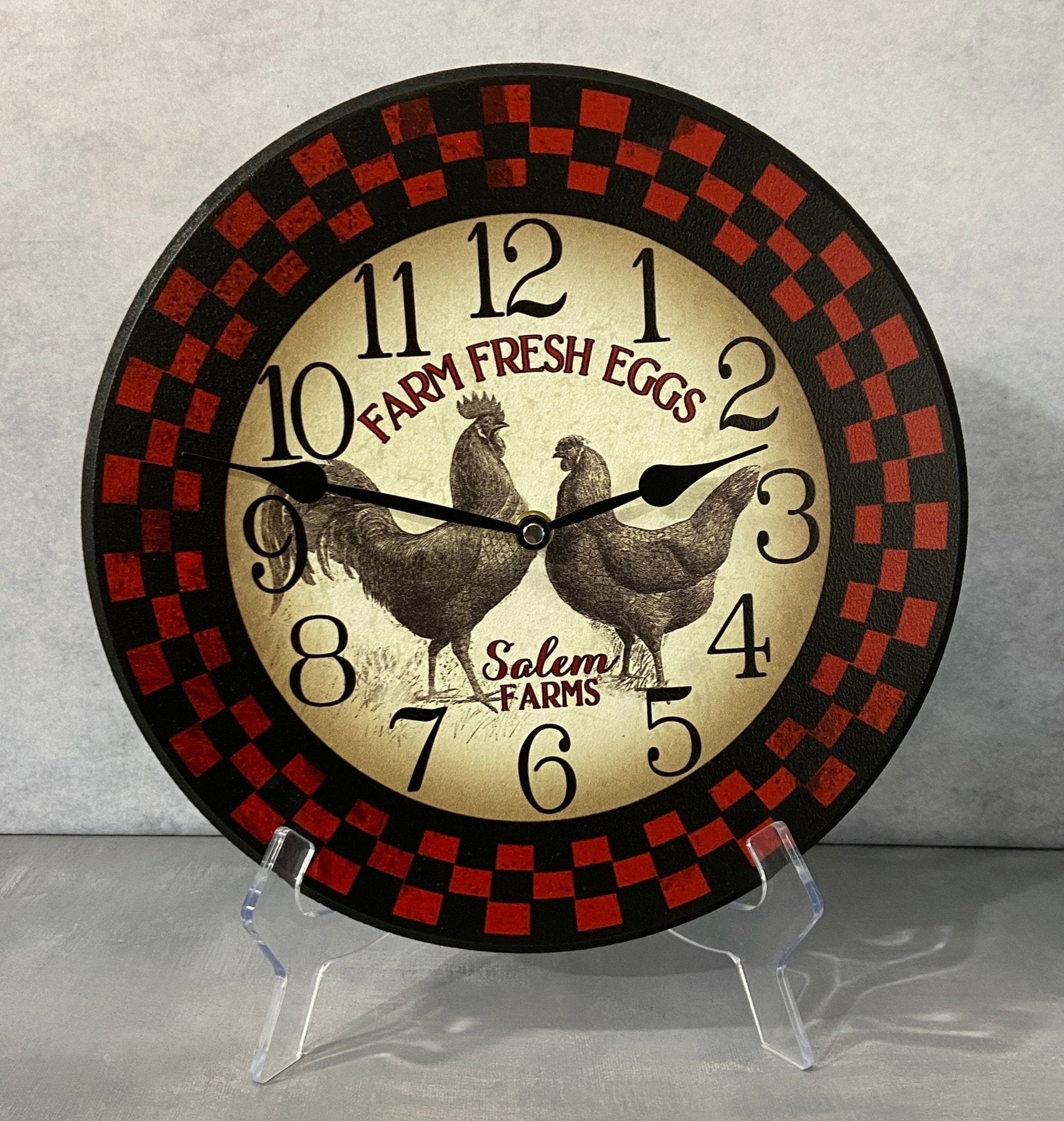 Personalized Red & Black Rooster Farm Wall Clock - CustomBigClocks