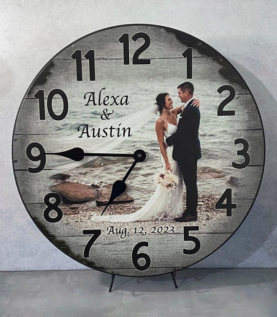 Personalized Gray Wood Photo Wall Clock - CustomBigClocks