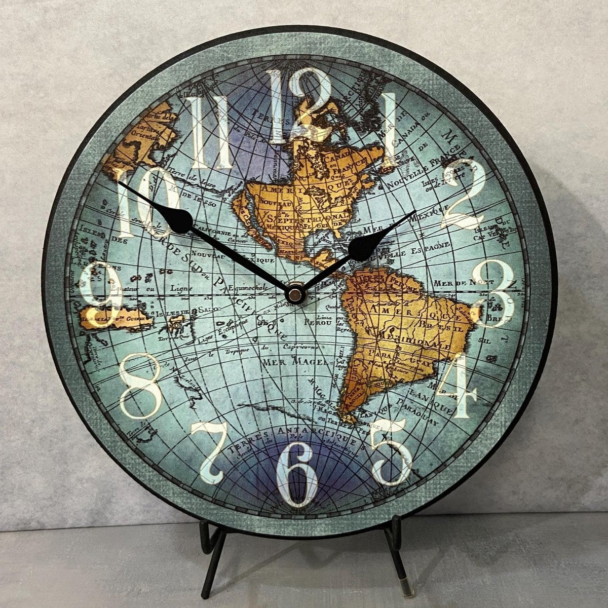 Vincenzo Blue World Mapclock, handcrafted in Mesa, Arizona