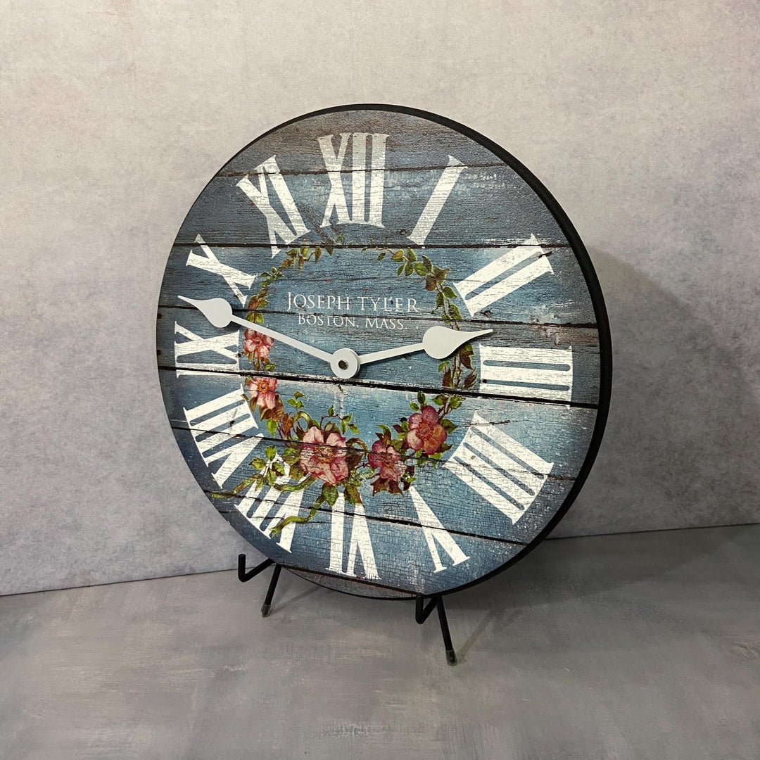 Barnwood Blue Floral Wall Clock - CustomBigClocks