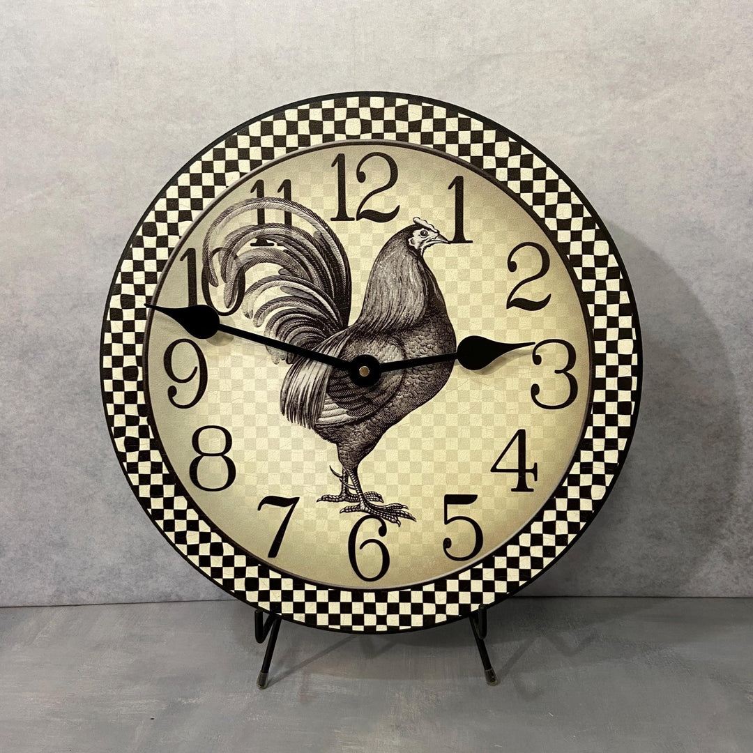 Black &amp; Cream Checker Rooster Wall Clock - CustomBigClocks